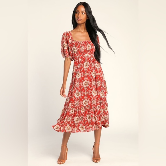 Lulus Dresses & Skirts - NWT Lulus Daily Daydream Rust Red Floral Print Puff Sleeve Midi Dress size M